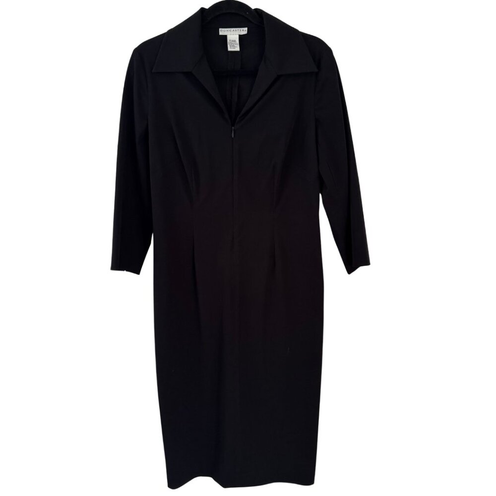 Doncaster Black Zip Front Midi Sheath Dress 3/4 Sleeve Size 10